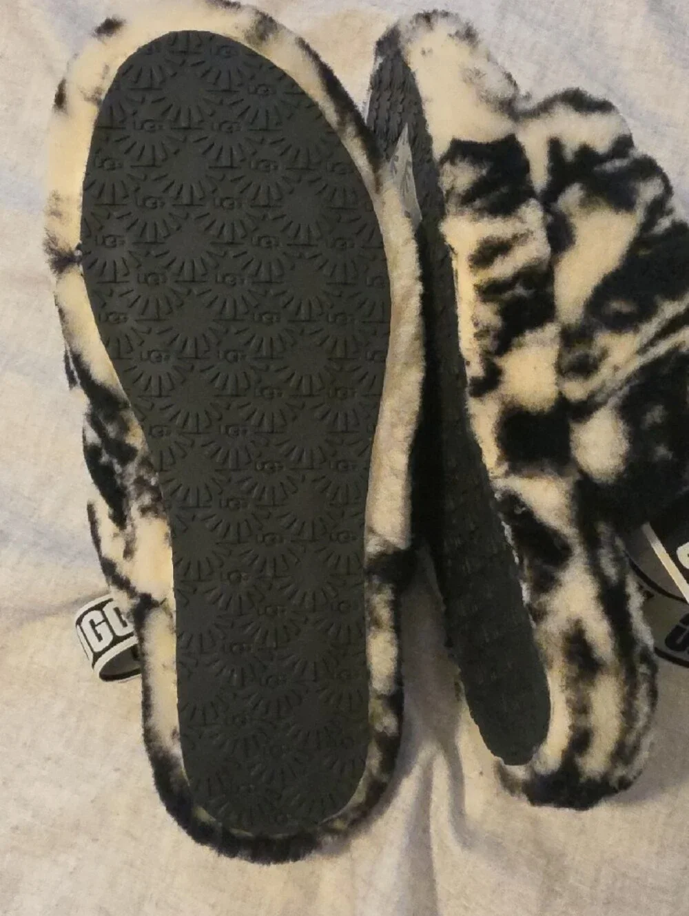 UGG Kids Black & White Fluffy Slide Slippers with Branded Strap